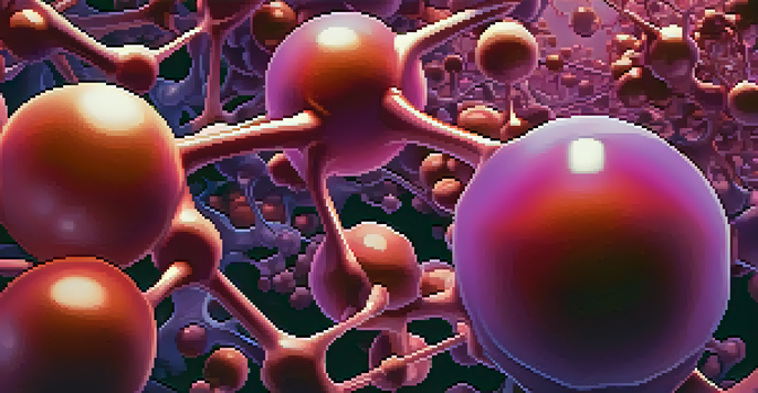 A detailed illustration of a molecular structure symbolizing cancer cells, with vibrant reds and purples against a gradient background.