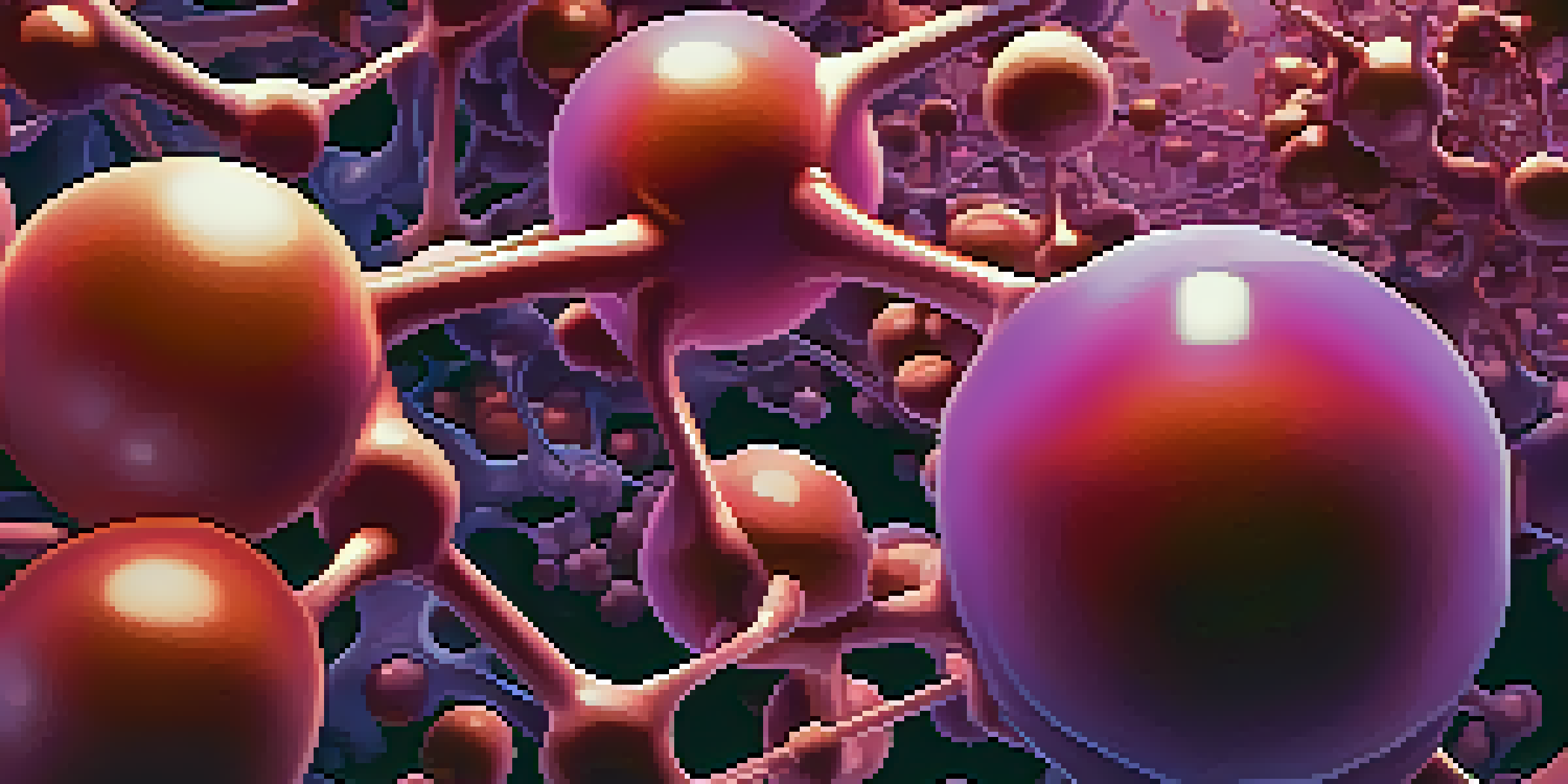 A detailed illustration of a molecular structure symbolizing cancer cells, with vibrant reds and purples against a gradient background.