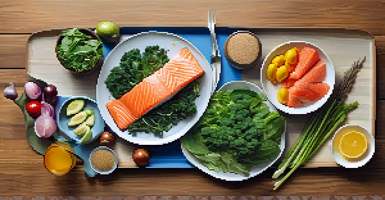 A vibrant meal plate showcasing leafy greens, vegetables, whole grains, and salmon, beautifully arranged on a wooden table under natural light.