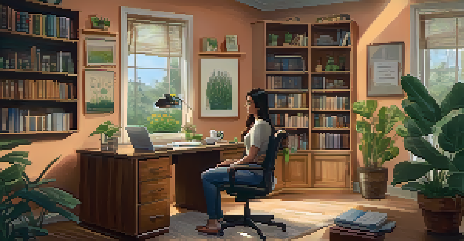 A woman in a cozy home office having a video consultation with her healthcare provider, surrounded by plants and books.
