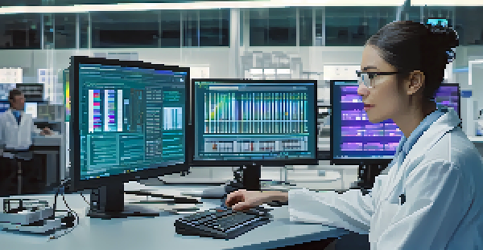 A scientist in a laboratory analyzing DNA sequences on a computer, with advanced sequencing machines and colorful data visualizations in the background.