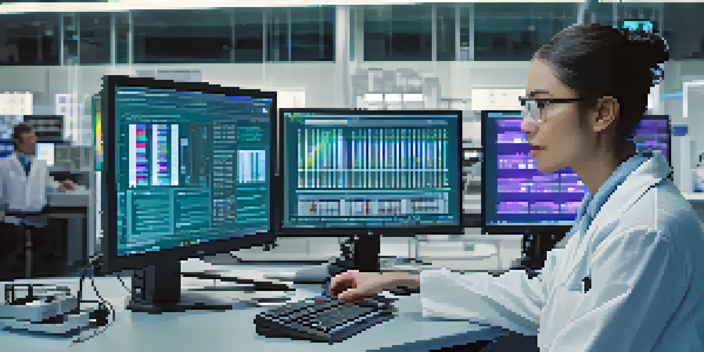 A scientist in a laboratory analyzing DNA sequences on a computer, with advanced sequencing machines and colorful data visualizations in the background.