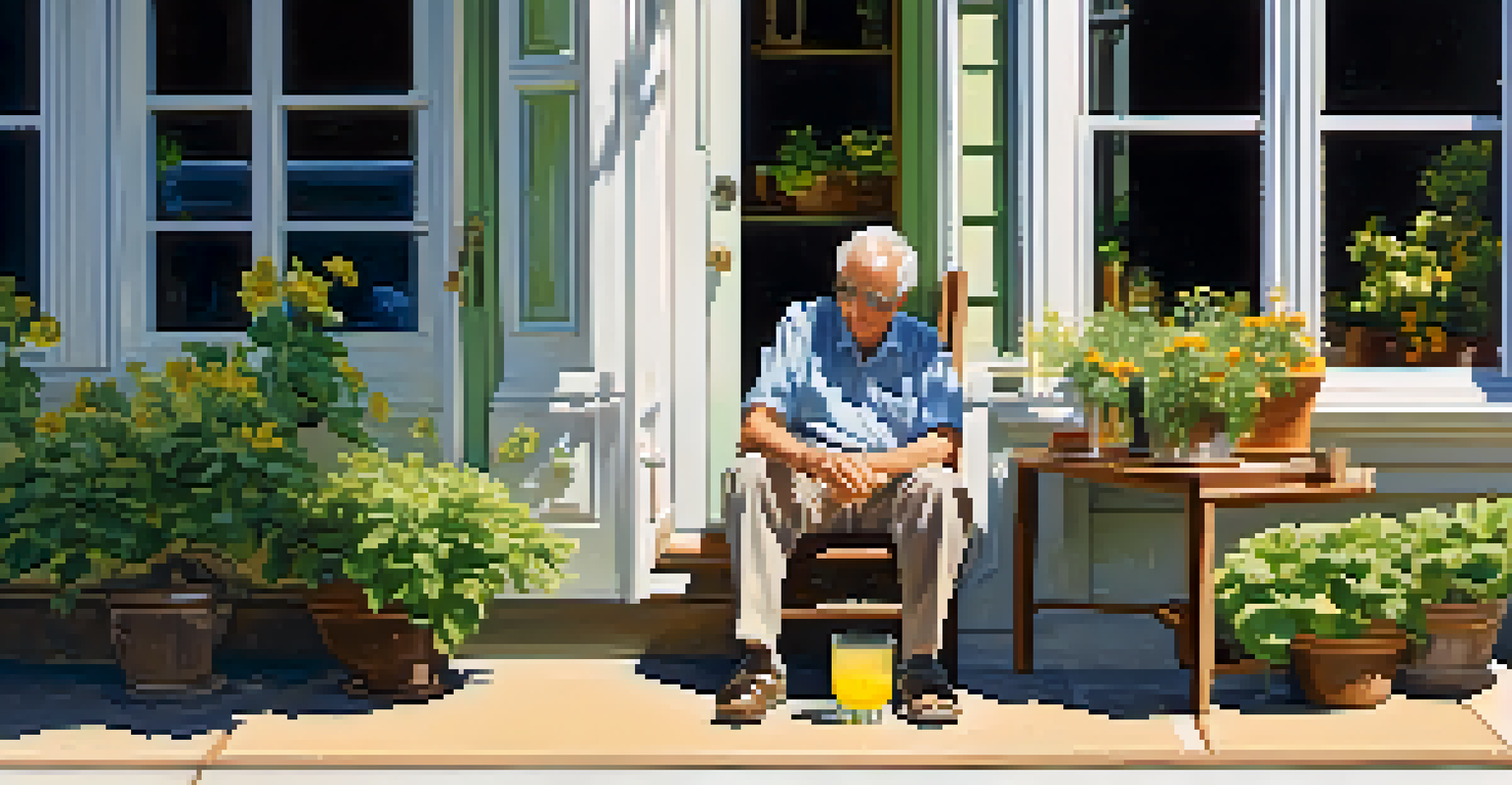 An elderly man on a porch with lemonade, observing a sunny street during a heatwave, with greenery around him.
