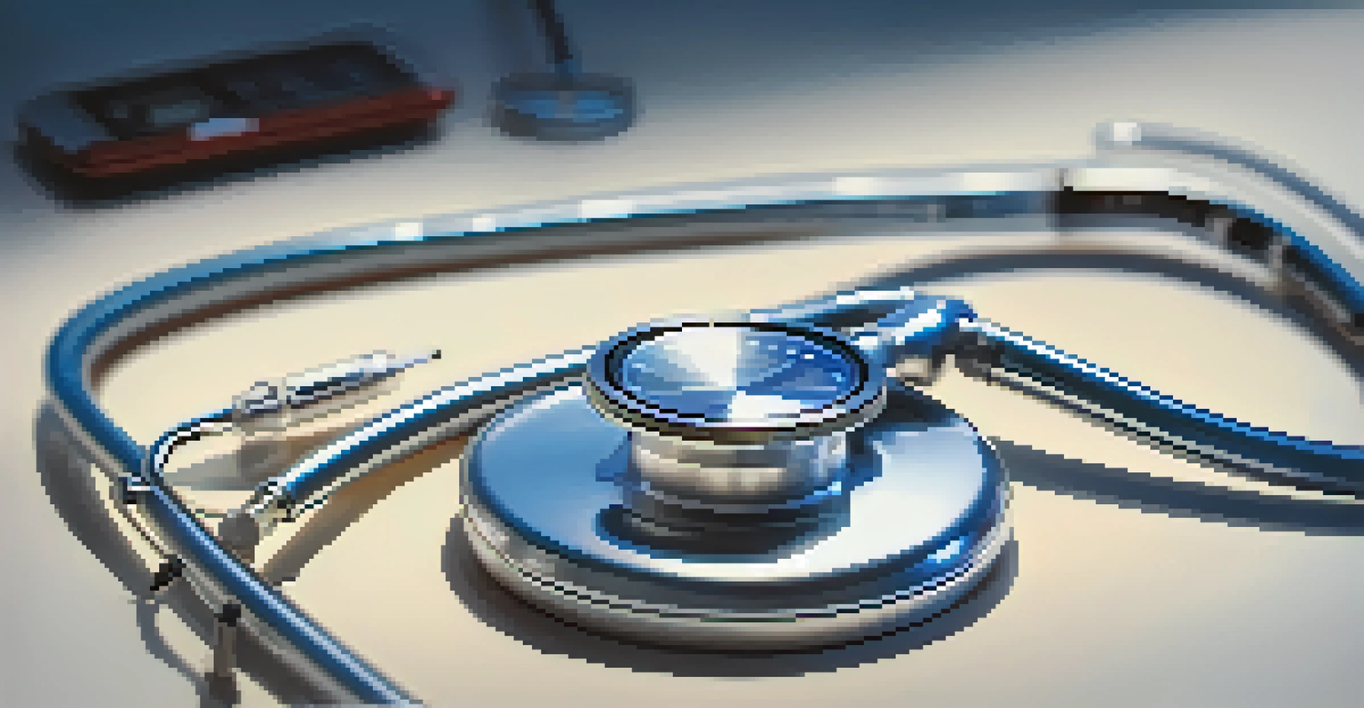 A close-up image of a stethoscope on a white coat with a heart model and blood pressure monitor in a medical workspace.