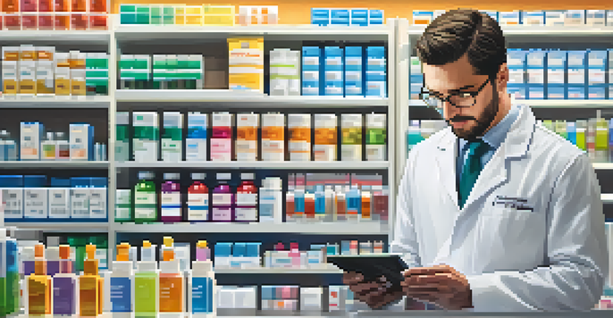 A pharmacist reviewing a patient's medication list on a tablet inside a modern pharmacy, surrounded by shelves filled with medication bottles.
