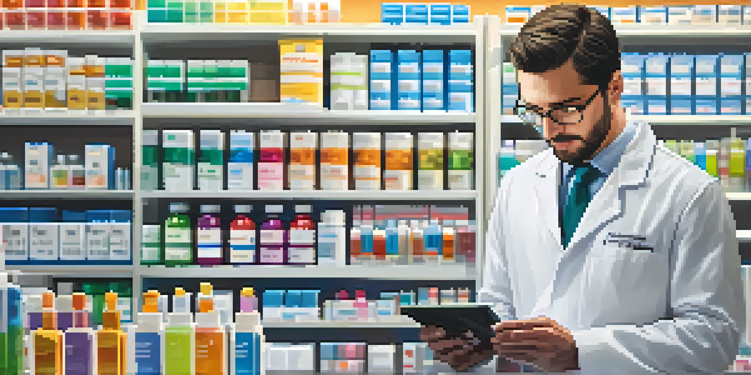 A pharmacist reviewing a patient's medication list on a tablet inside a modern pharmacy, surrounded by shelves filled with medication bottles.