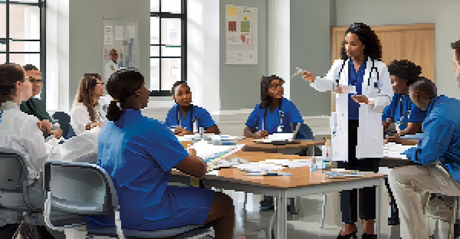 Healthcare professionals in a training session, with a mentor teaching a group of learners in a bright, well-equipped room.