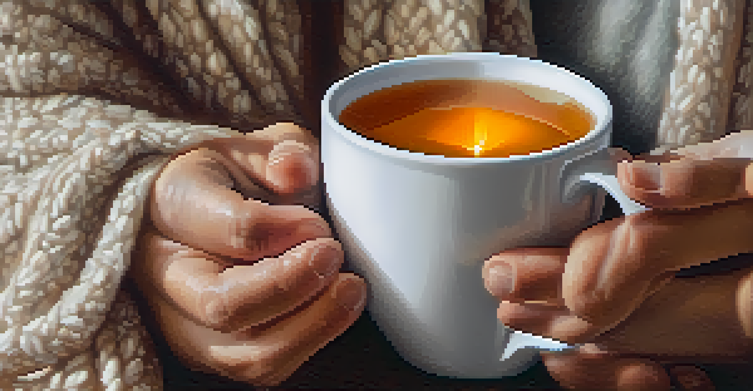 Close-up of hands holding a cup of tea with a family photo wall in the background, symbolizing comfort and support.