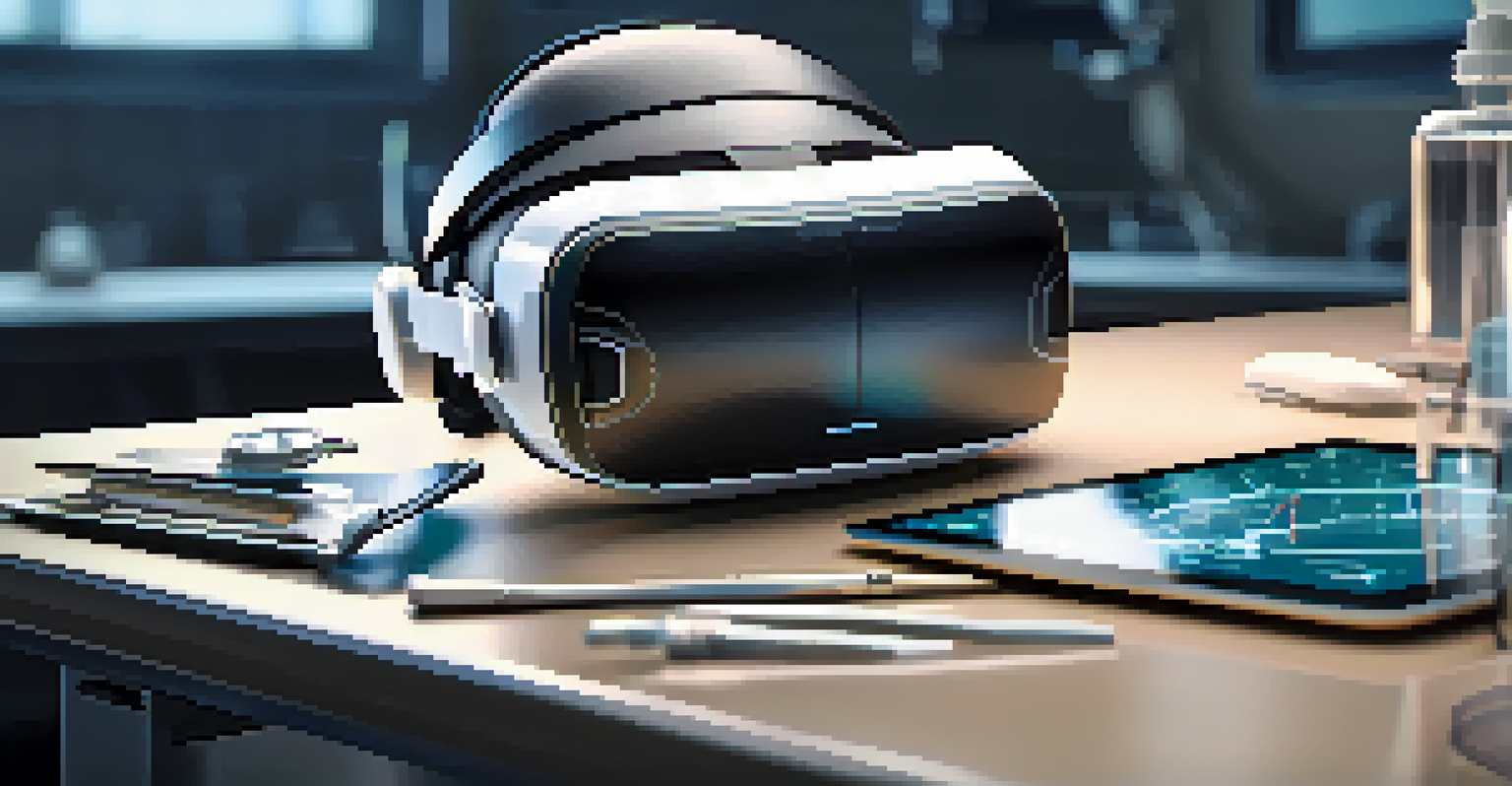 A close-up of a VR headset on a medical training table, surrounded by surgical tools and a digital tablet displaying training data.