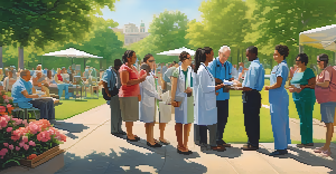A diverse group of adults in a park participating in health screenings, surrounded by greenery and flowers, with healthcare professionals assisting them.