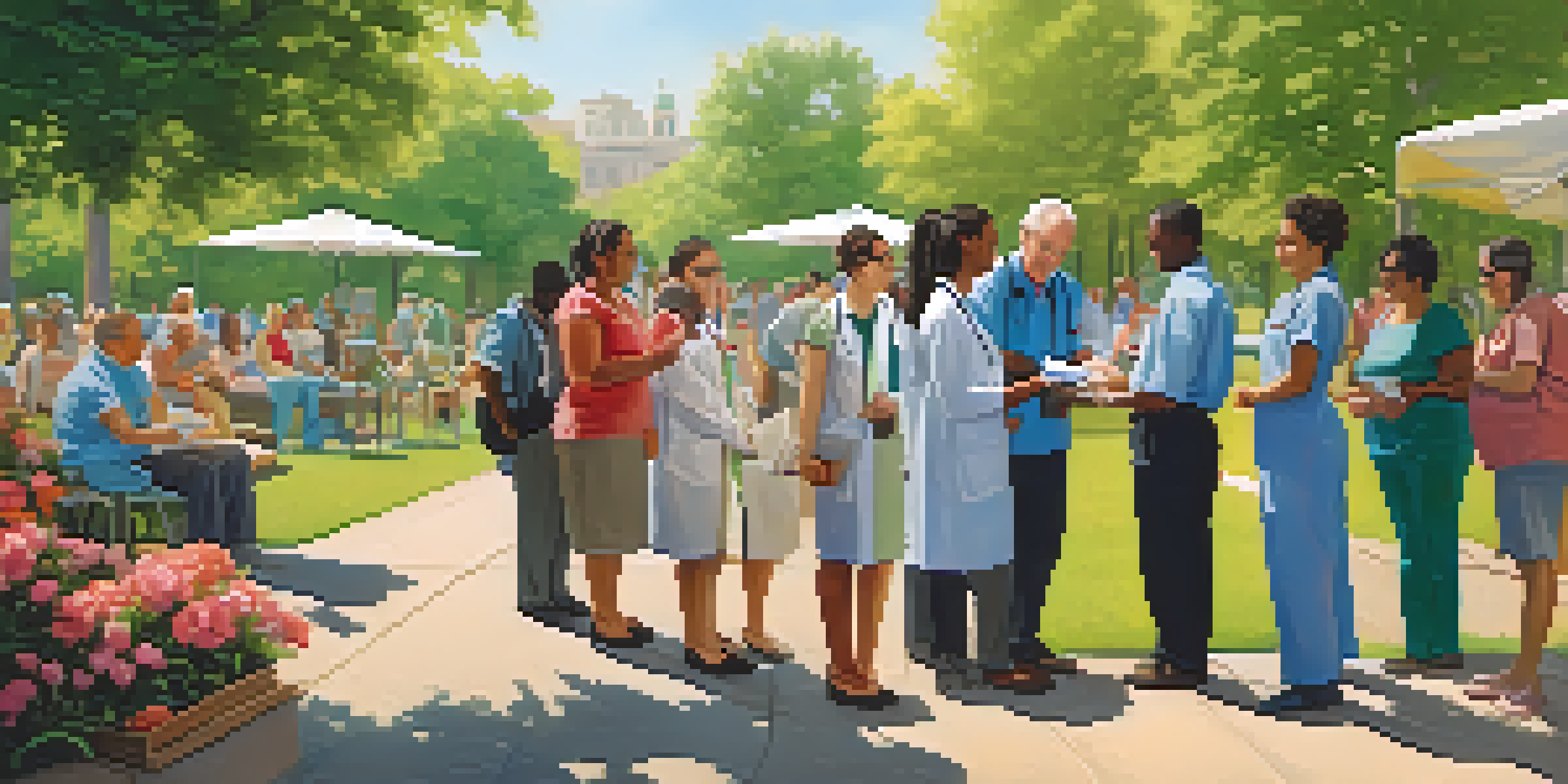 A diverse group of adults in a park participating in health screenings, surrounded by greenery and flowers, with healthcare professionals assisting them.