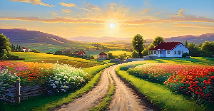 A scenic view of a rural clinic on a sunny day, surrounded by green fields and hills.