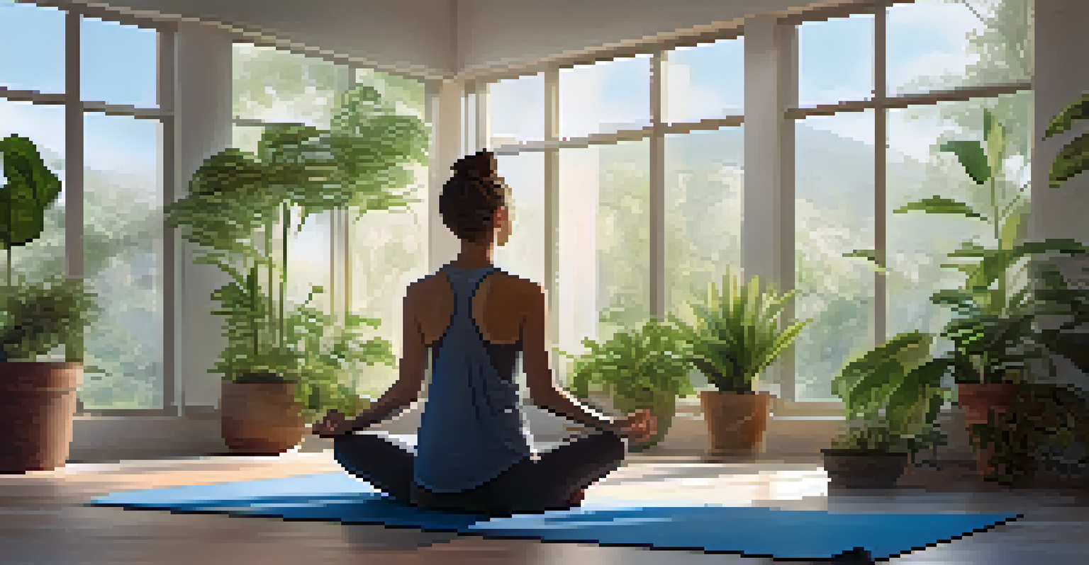 A person meditating on a yoga mat in a peaceful indoor setting, surrounded by soft lighting and plants, promoting stress management for heart health.