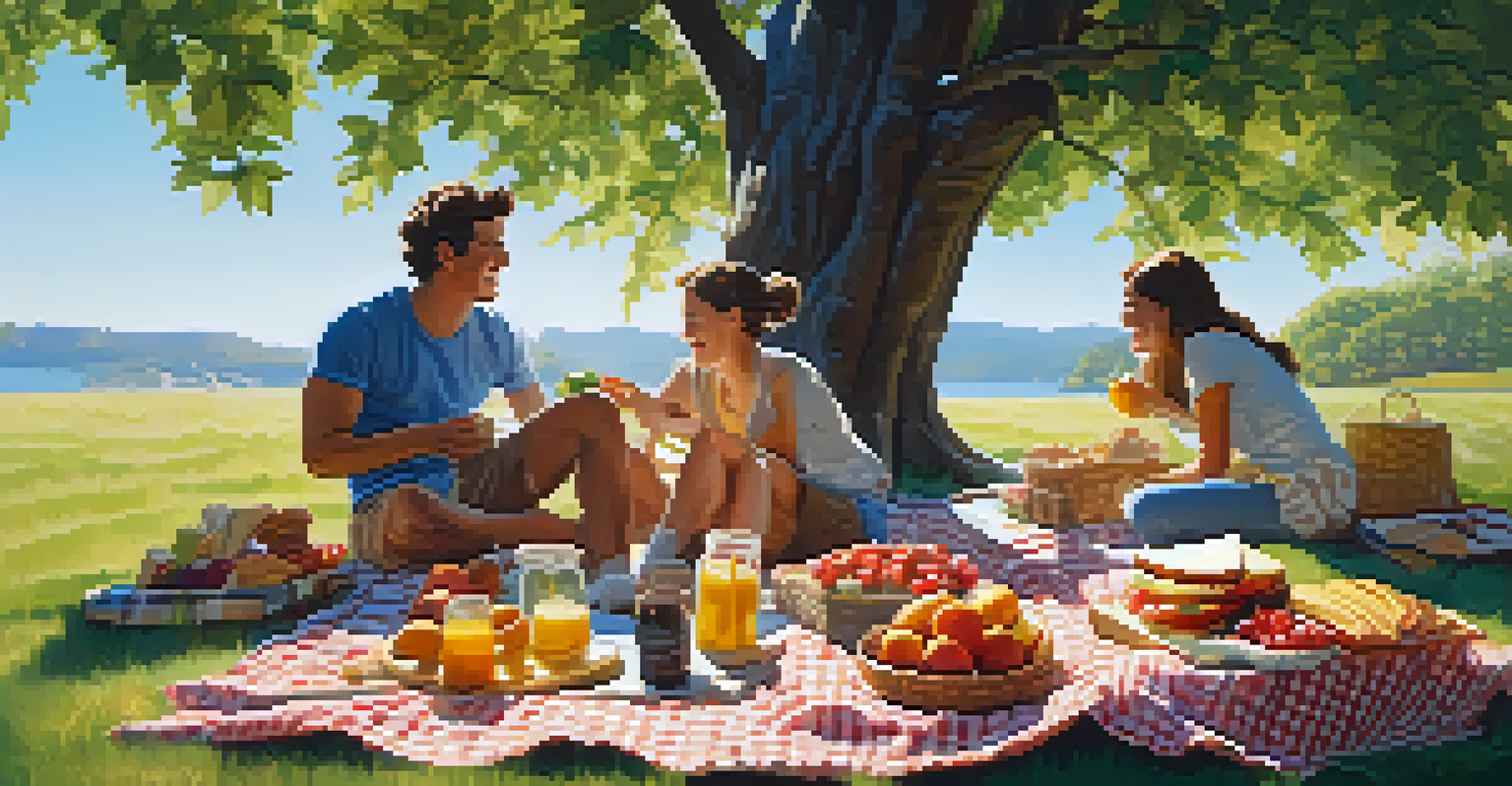 A group of friends enjoying a sunny picnic with healthy snacks under a large tree.