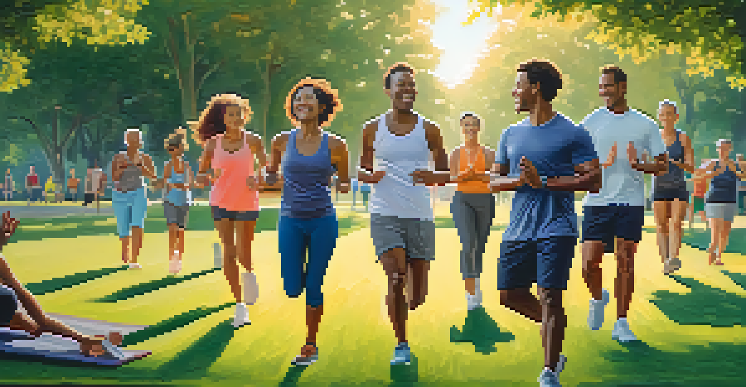 A diverse group of people practicing yoga, jogging, and cycling in a sunny park filled with greenery.