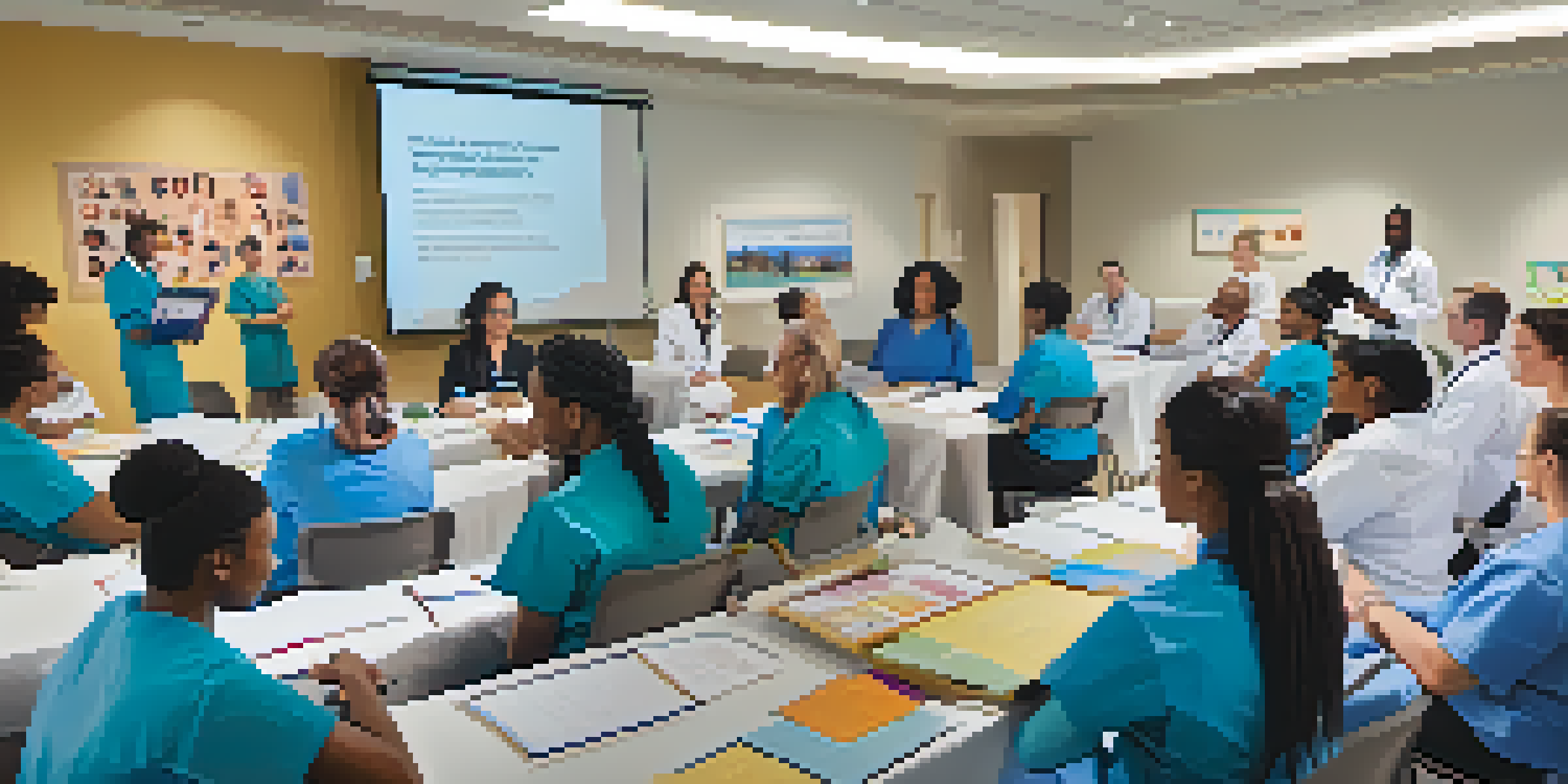 A diverse group of healthcare professionals in a training session on cultural competence, discussing and sharing perspectives.
