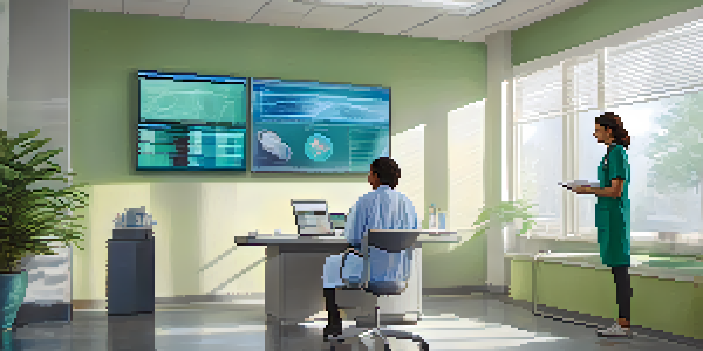 A doctor and a patient in a healthcare setting, reviewing a medical report with AI tools visible on a screen, in a bright and calming room.