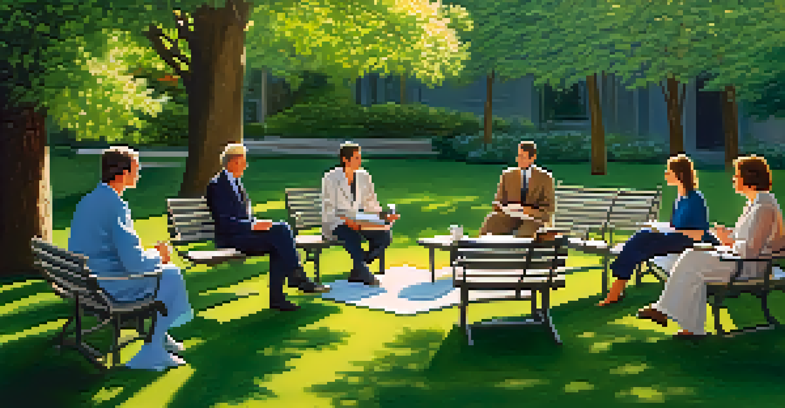 A healthcare ethics committee meeting in a garden with professionals discussing ethical principles surrounded by greenery.