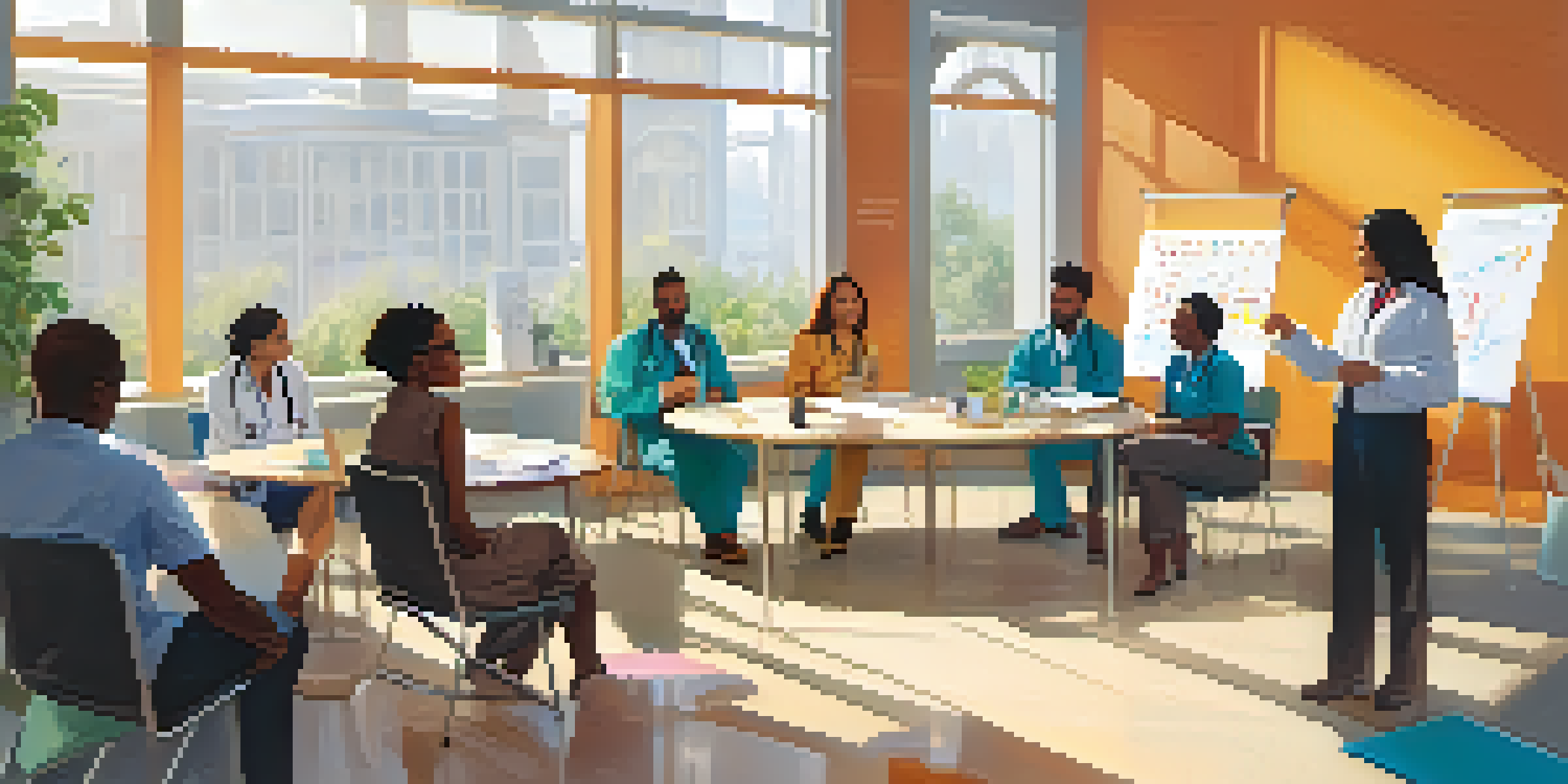 A group of healthcare professionals of different ethnicities engaged in a workshop about cultural competence, seated around a table in a bright room.