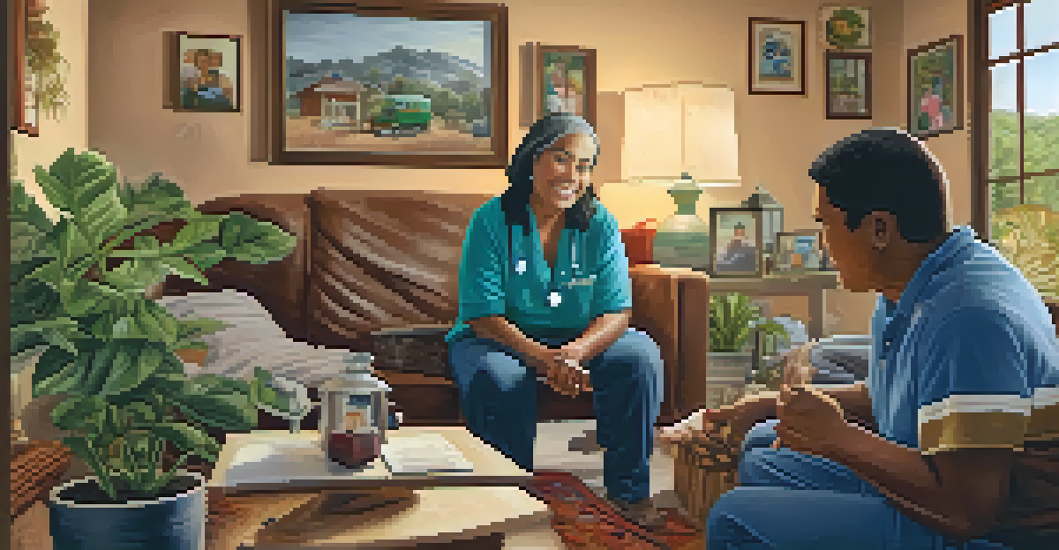 A community health worker, a Hispanic woman, visiting an elderly man in his home, discussing health issues in a cozy living room setting.