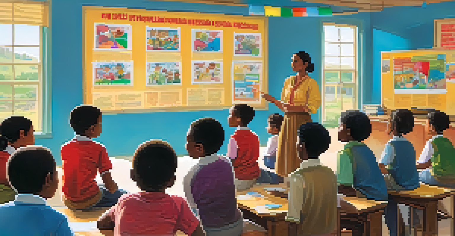 A classroom with students listening to a teacher about HIV/AIDS prevention, decorated with colorful health posters.