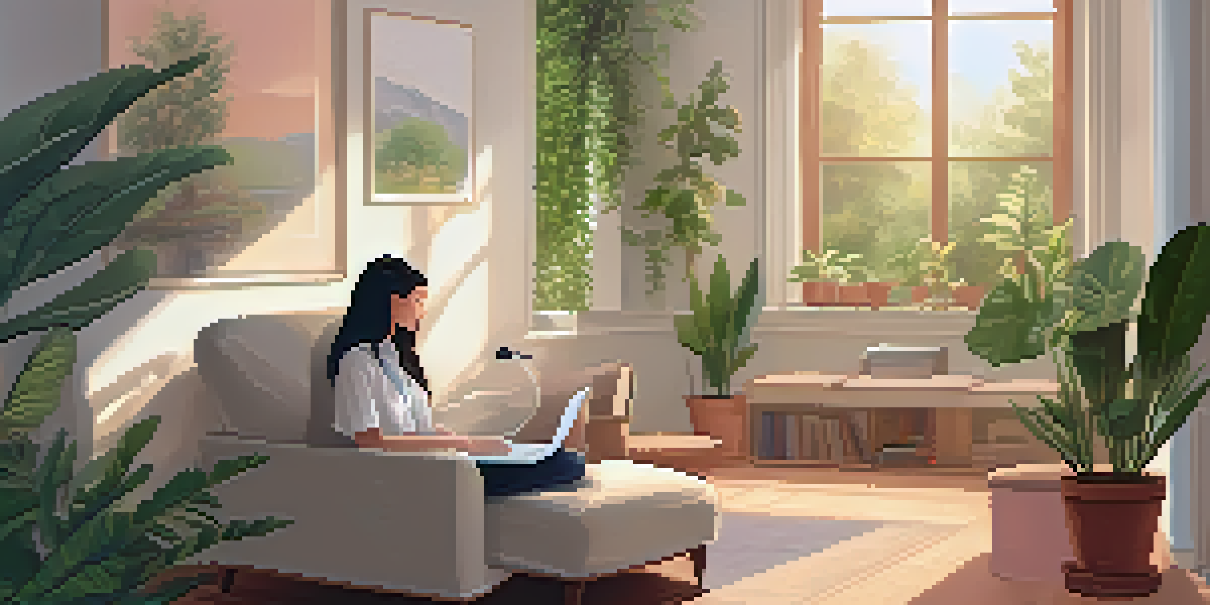 A therapist in a cozy room, engaging in a telepsychology session with a client displayed on a laptop screen, surrounded by calming decor and natural light.