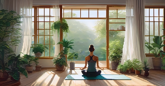 A person practicing yoga in a sunlit room filled with plants and calming decor, with a view of a lush garden outside.