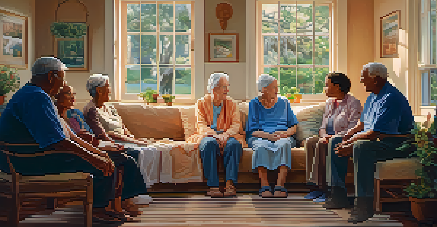 An elderly patient in a cozy room surrounded by family members, all holding hands in a supportive and comforting atmosphere.