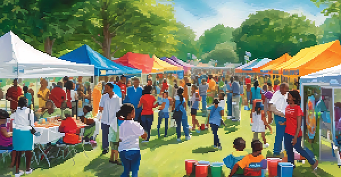 A lively community health fair in a sunny park, with diverse people participating in health screenings and workshops, colorful banners, and children playing nearby.
