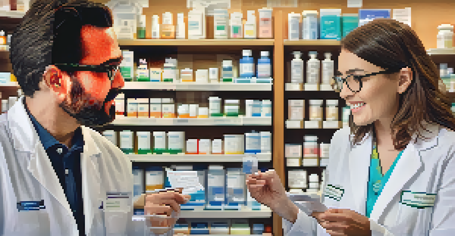 A pharmacist using a visual aid to explain medication instructions to a patient.
