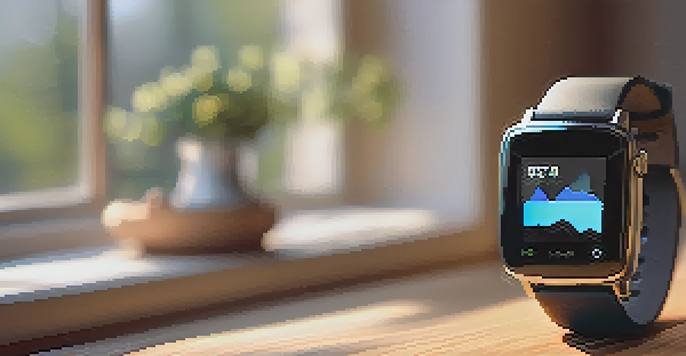 A smartwatch showing health metrics in a cozy living room with soft sunlight filtering through the window.
