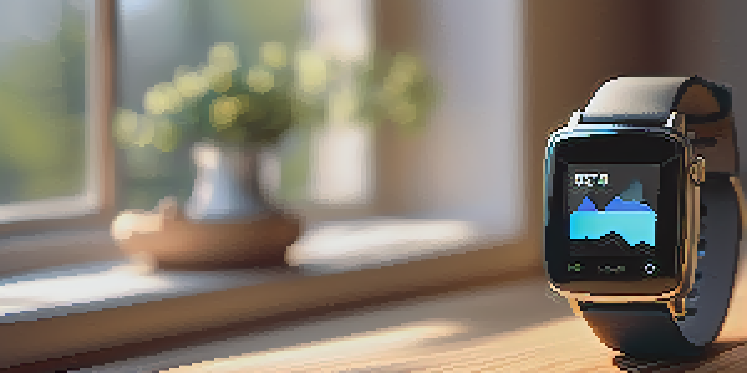 A smartwatch showing health metrics in a cozy living room with soft sunlight filtering through the window.