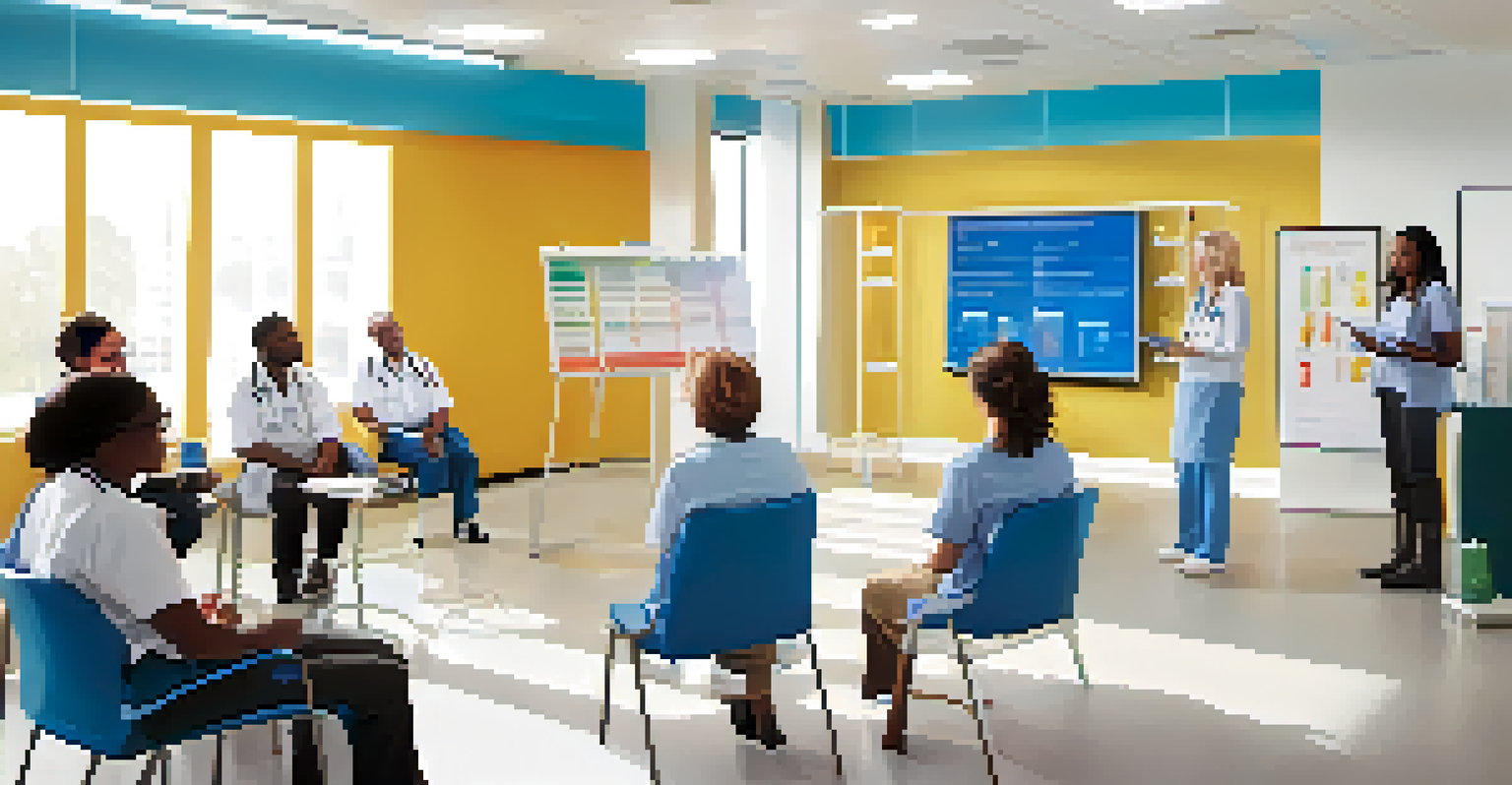 A healthcare professional teaching a diverse group of patients about medication management using visual aids in a modern room.