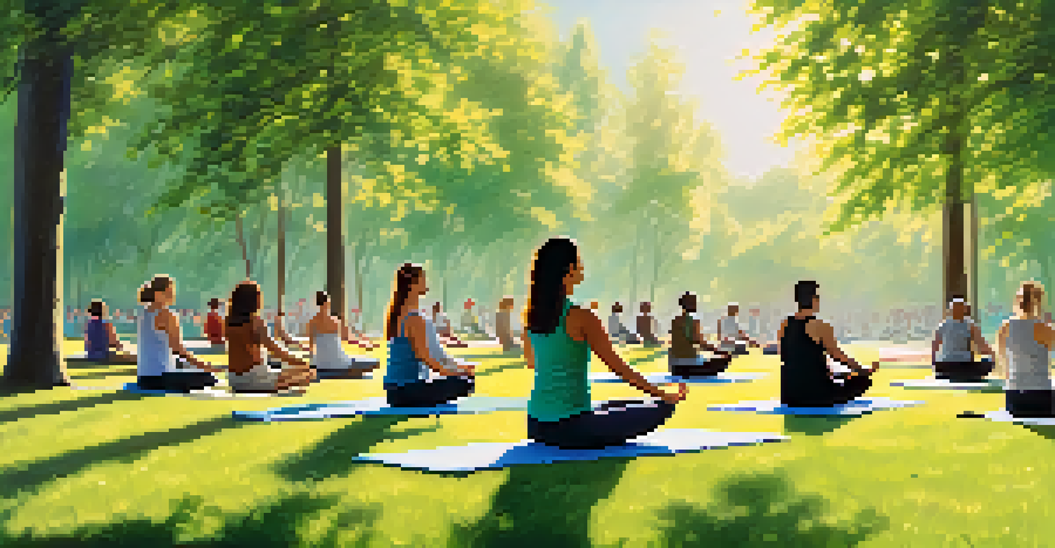 Employees practicing yoga in a sunny park, surrounded by nature, showcasing a tranquil and healthy workplace activity.