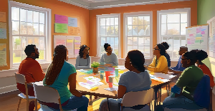 A community mental health workshop with diverse participants discussing in a bright room with natural light.