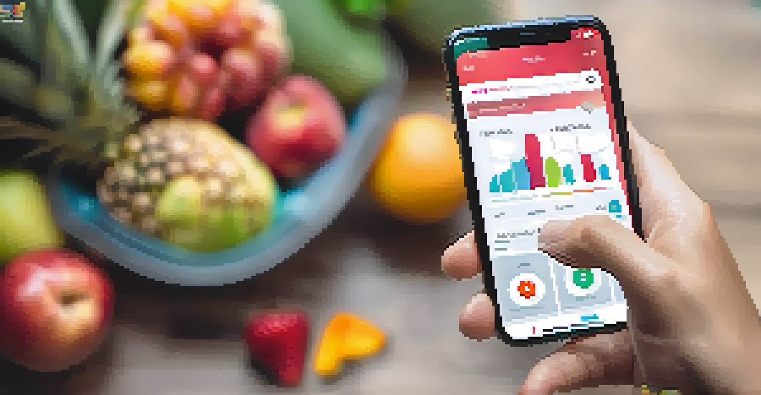 A close-up of a hand holding a smartphone with a health tracking app, surrounded by fruits and exercise equipment in a blurred background.