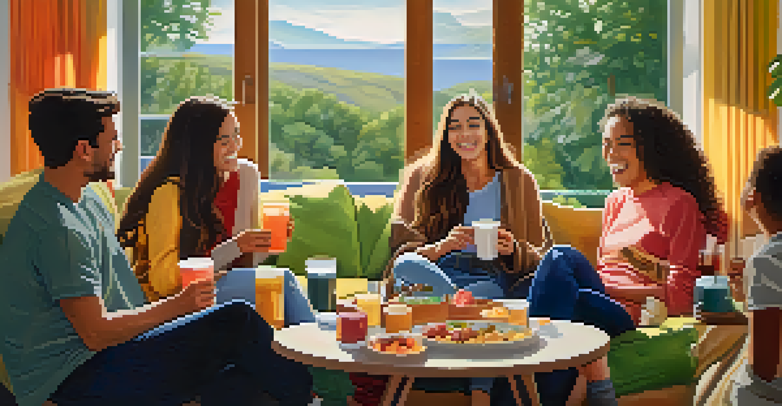 A group of friends enjoying a conversation in a cozy living room with snacks and warm light.
