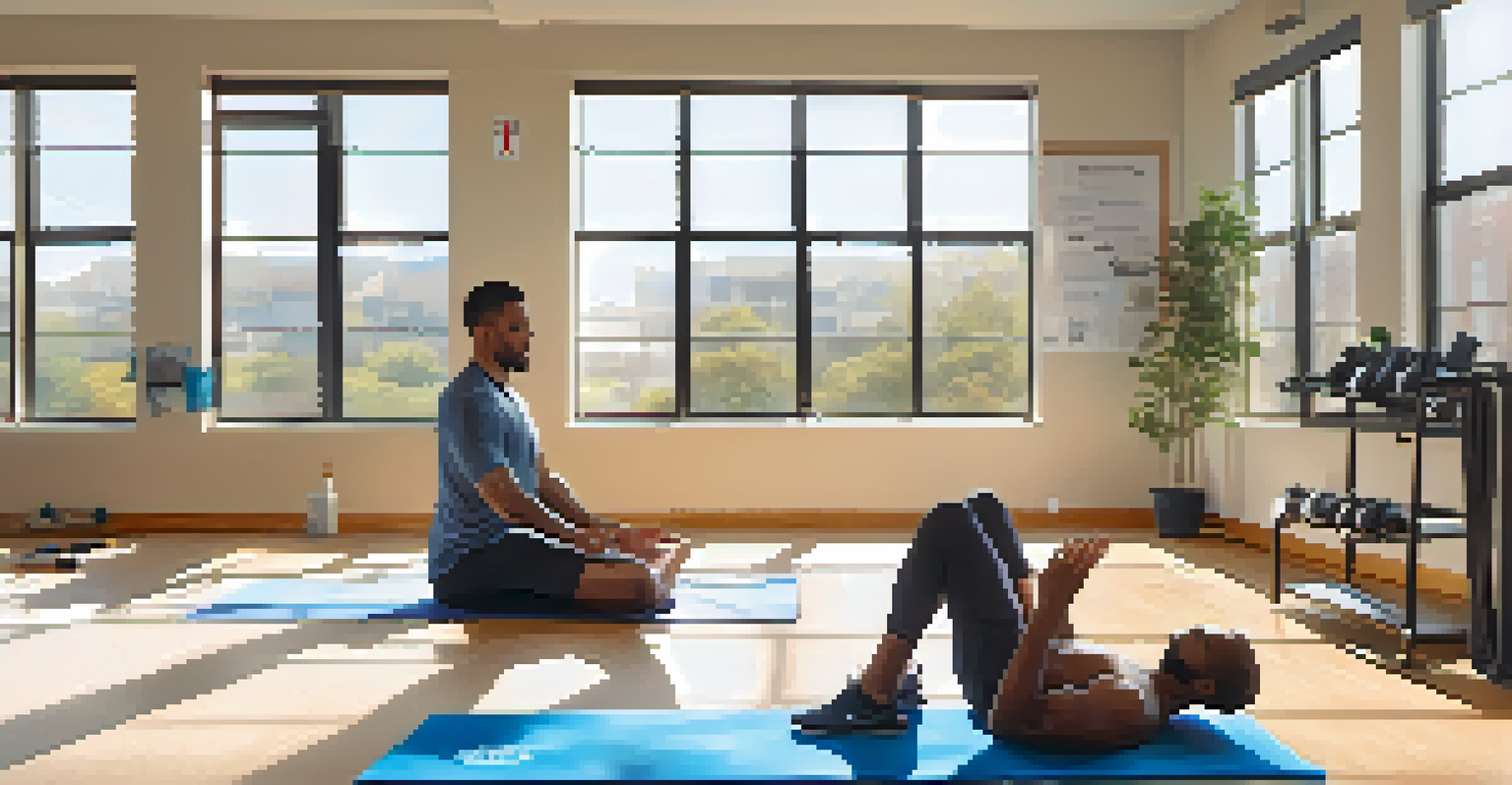 A physical therapy room with a young man stretching and a therapist guiding him, filled with sunlight.