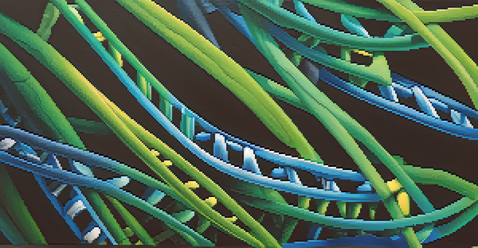 A colorful artistic depiction of intertwining DNA strands on a dark background, symbolizing genetic complexity.