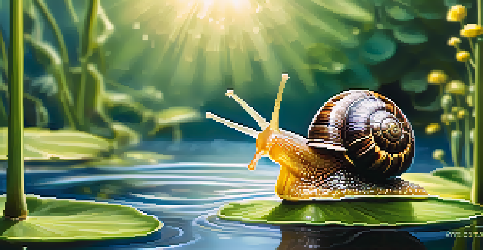 A close-up of a freshwater snail with detailed shell patterns, surrounded by aquatic plants and clear water, emphasizing its ecological role.