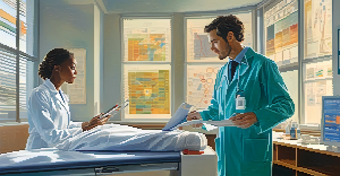 A healthcare professional examining a patient in a bright clinic, with charts and graphs around them.