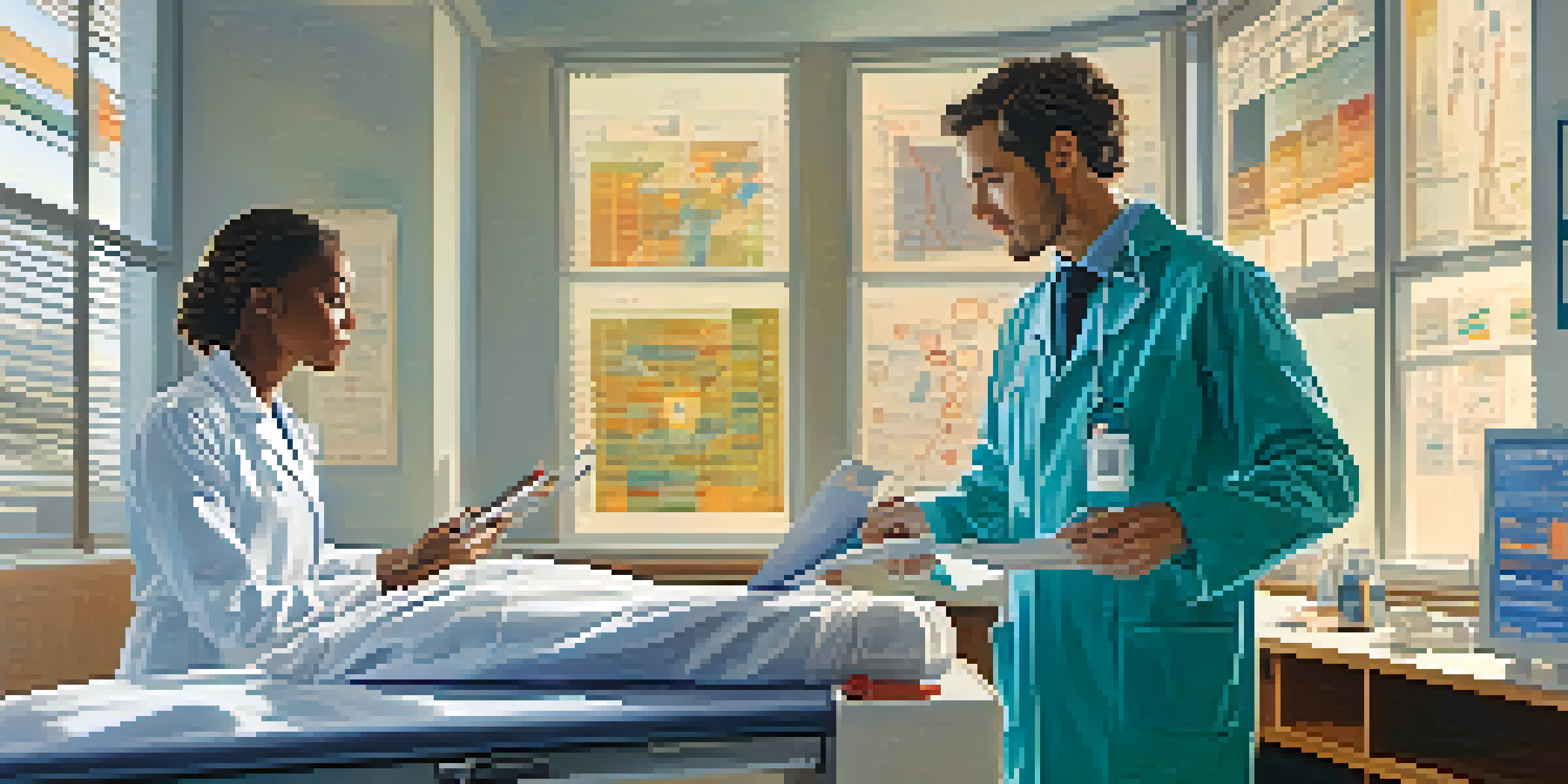 A healthcare professional examining a patient in a bright clinic, with charts and graphs around them.