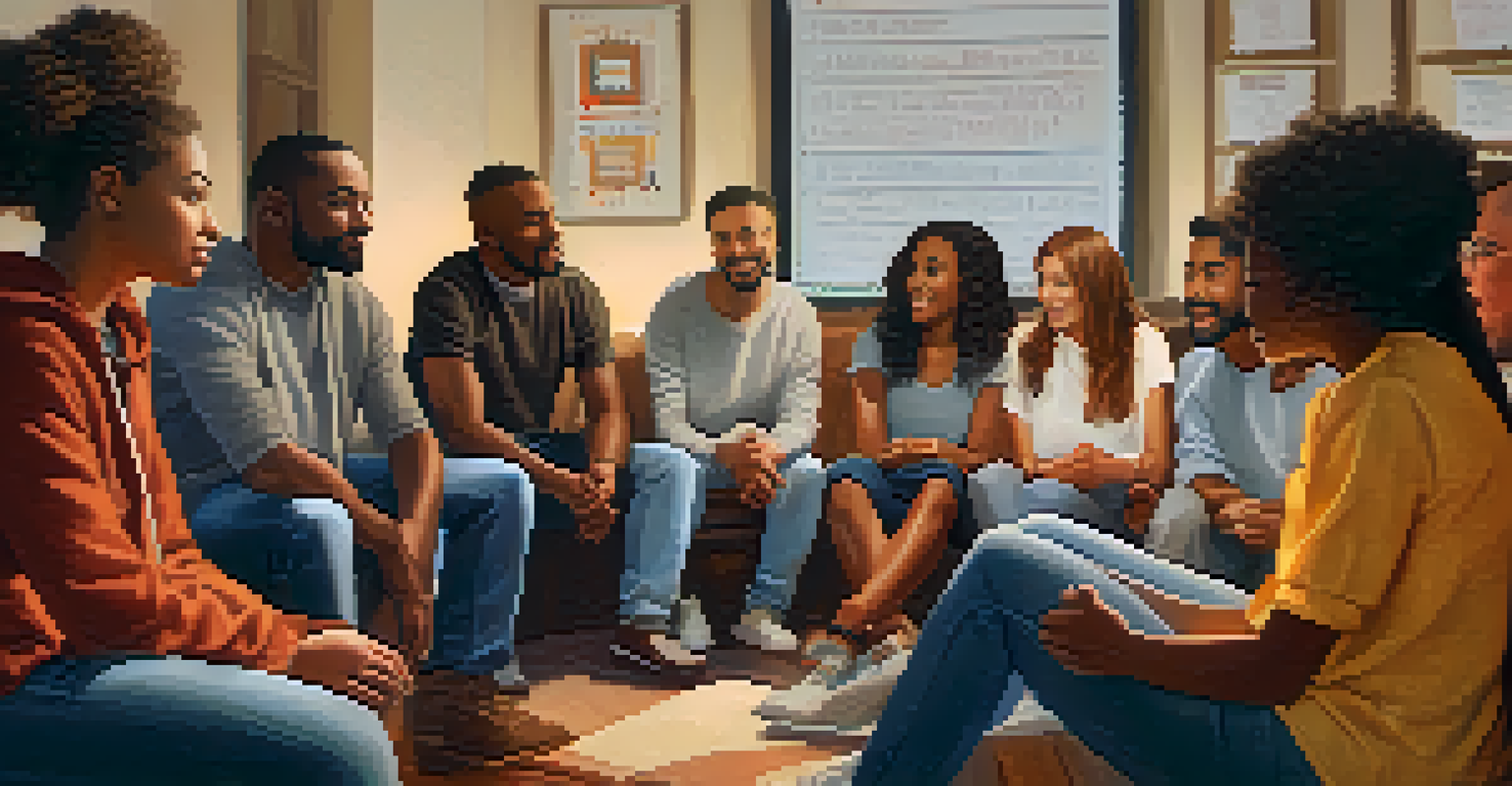 A support group meeting with diverse individuals sharing stories in a warm, inviting environment, surrounded by motivational quotes.