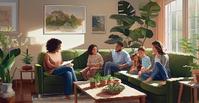 A family sitting together in a cozy living room, engaging in a supportive conversation under soft sunlight.