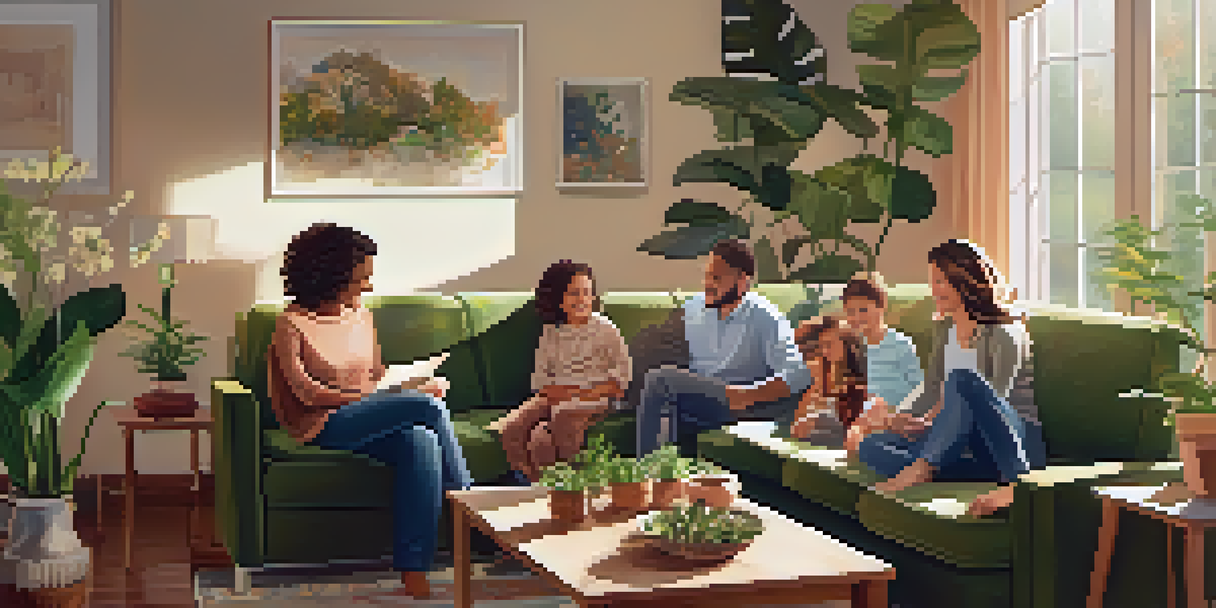 A family sitting together in a cozy living room, engaging in a supportive conversation under soft sunlight.