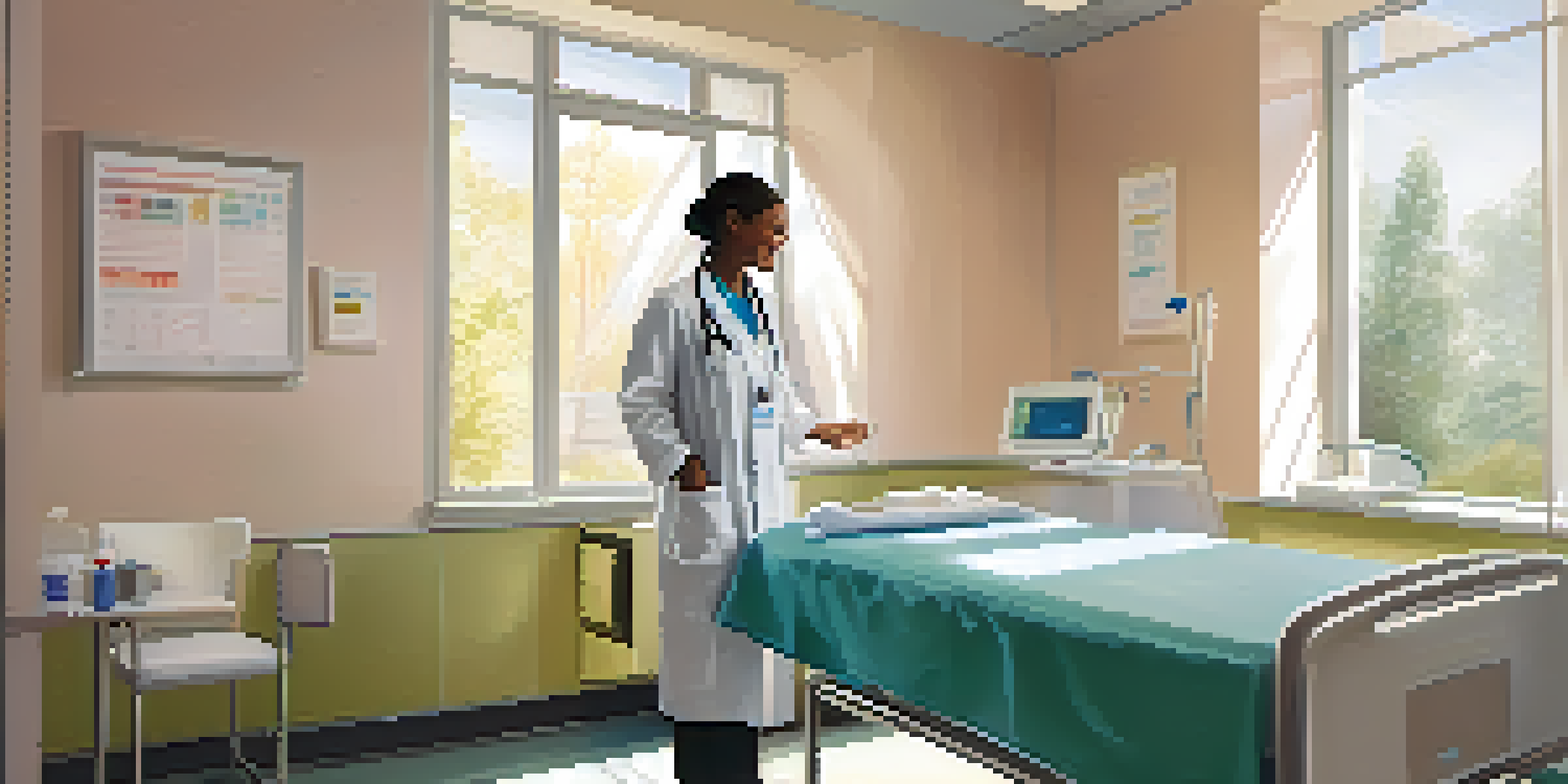 A healthcare professional smiling and interacting with a patient in a bright, welcoming examination room.