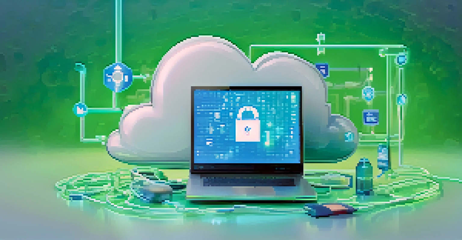 A digital representation of a secure cloud storage system for healthcare data, featuring a lock and medical icons against a blue and green gradient background.