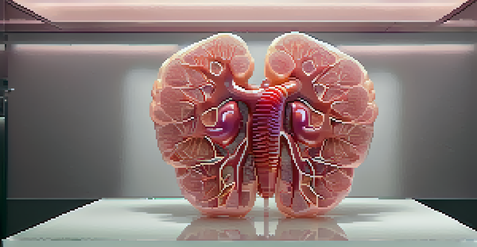 A detailed representation of bioprinted human organs on a reflective surface, illuminated with soft ambient lighting against a dark background.