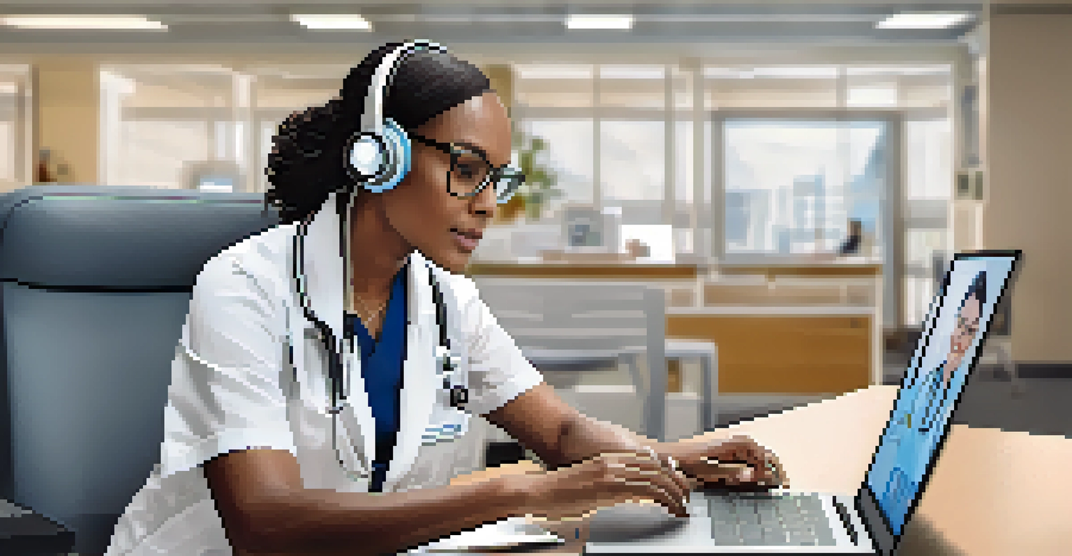 A healthcare professional in a bright office having a virtual consultation with a patient on a laptop, showcasing telehealth technology.