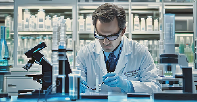 A scientist in a modern laboratory examining nanoparticles under a microscope, surrounded by advanced technology and glassware.